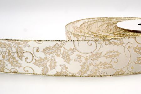 Cream - Holly Leaves and Berries Design Ribbon_KF7919GV-2