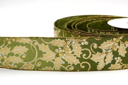 Green - Holly Leaves and Berries Design Ribbon_KF7920GC-3-185