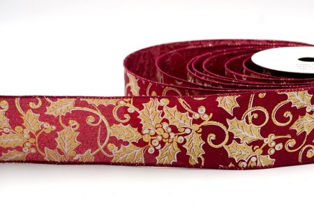 Burgundy - Holly Leaves and Berries Design Ribbon_KF7920GC-8-8