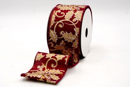 Burgundy - Holly Leaves and Berries Design Ribbon_KF7920GC-8-8