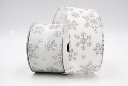 Белая - Проволочная бархатная лента с блестящими снежинками_KF7958G-1
