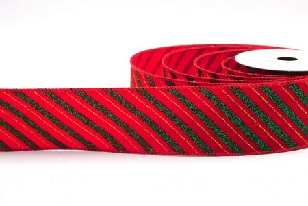 Красно-зеленая полосатая лента с блестками и наклоном Wired Ribbon_KF7959GC-7-7