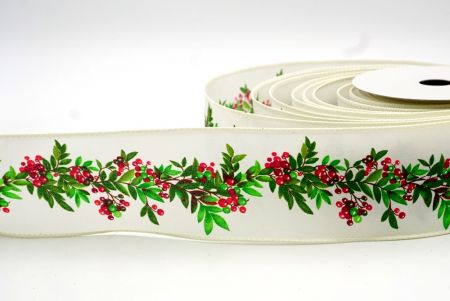 Cream_Green Leaves et Red Berries Wired Ribbon_KF8039GC-2-2
