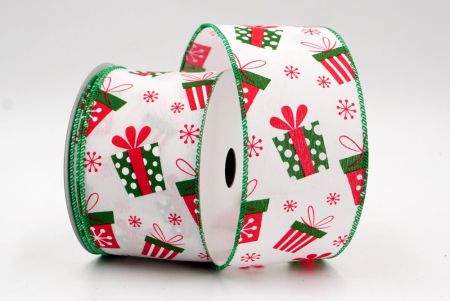 Біло-зелена стрічка з проволокою для різдвяної подарункової коробки та сніжинок_KF8042GC-1-49