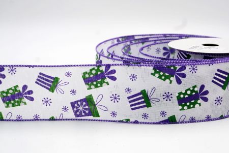 Біло-фіолетова стрічка з проволокою для різдвяної подарункової коробки та сніжинок_KF8043GC-1-34