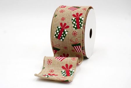 Ruban en fil métallique avec boîte cadeau de Noël naturelle et flocons de neige_KF8043GC-14-183