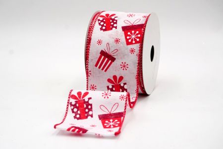 Ruban en fil métallique avec boîte cadeau de Noël blanche/rouge et flocons de neige_KF8043GC-1R-7