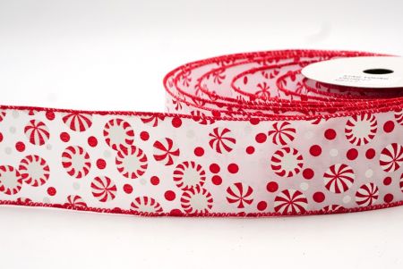 Бело-красная новогодняя проволочная лента с конфетами_KF8114GC-1-7