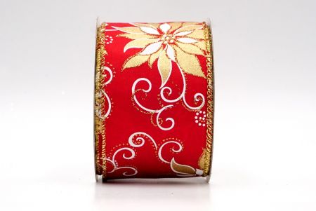 Червоно-золота різдвяна стрічка з пуансетією та дротом_KF8128G-7