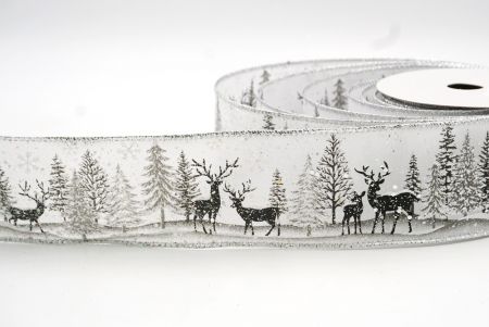 Біла/срібна стрічка зі святковими мотивами лісу на Різдво_KF8170G-1