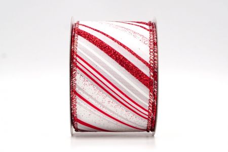 Fita de arame com glitter inclinado listrado branco/vermelho_KF8171GR-1