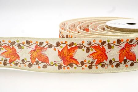 Cream_Maple Leaves and Spruce Cone Wired Ribbon_KF8243GC-2-2