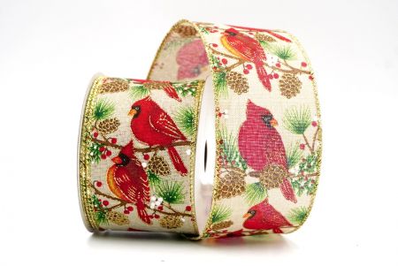Khaki/Gold_Cardinal and Spruce Cone Wired Ribbon_KF8281G-13
