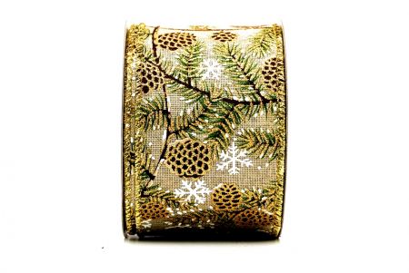 Khaki/Gold_Glittery Spruce Cone Wired Ribbon_KF8301G-13