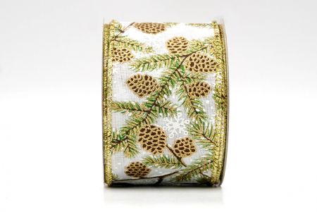 White/Gold_Glittery Spruce Cone Wired Ribbon_KF8301G-1