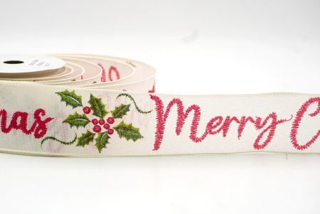 Cream White Winter Holly and Merry Christmas Ribbon_KF8308GC-2-2