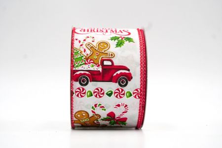 Biała wstążka z motywem świątecznych słodyczy i ciężarówki z choinką_KF8310GC-1-7