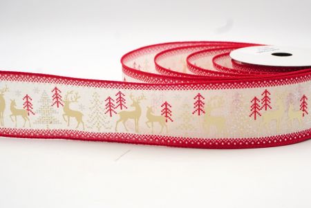 Кремово-біла/червона різдвяна дрітова стрічка з оленями_KF8318GC-2-7
