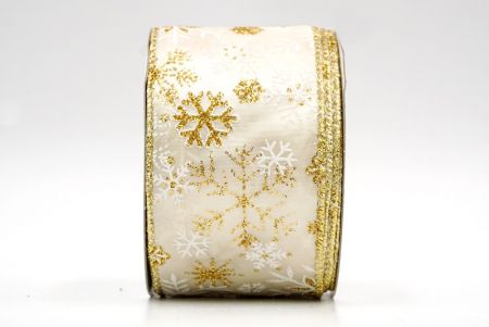 Ленточка с кремовыми/золотыми снежинками, проволочная, KF8348G-2G