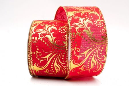 Red/Gold_Leaves Swirl Christmas Wired Ribbon_KF8355G-7