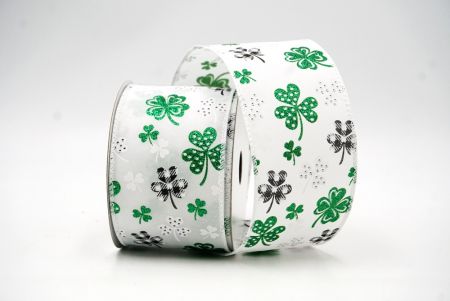 White Plaid Glittered Clover Leaves Wired Ribbon_KF8468GC-1-1