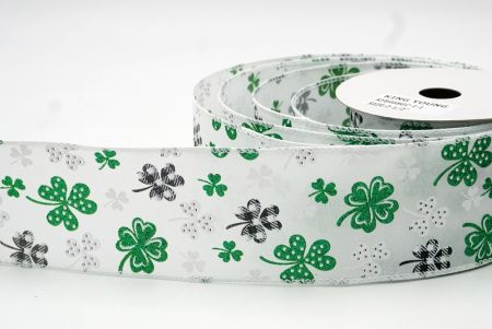 White Plaid Glittered Clover Leaves Wired Ribbon_KF8468GC-1-1