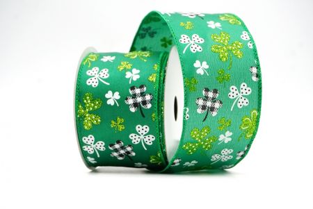 Green Plaid Glittered Clover Leaves Wired Ribbon_KF8469GC-3-49