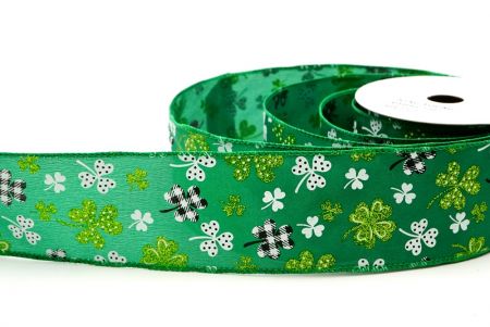 Green Plaid Glittered Clover Leaves Wired Ribbon_KF8469GC-3-49