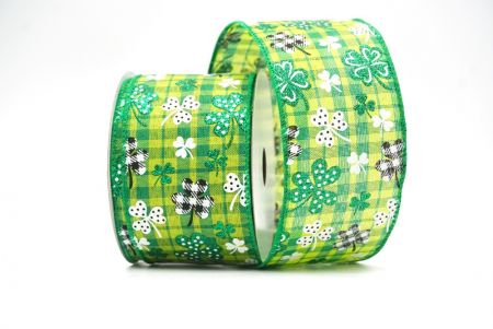 Apple Green Plaid Glittered Clover Leaves Wired Ribbon_KF8470GC-15-49