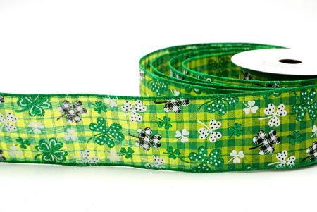 Apple Green Plaid Glittered Clover Leaves Wired Ribbon_KF8470GC-15-49