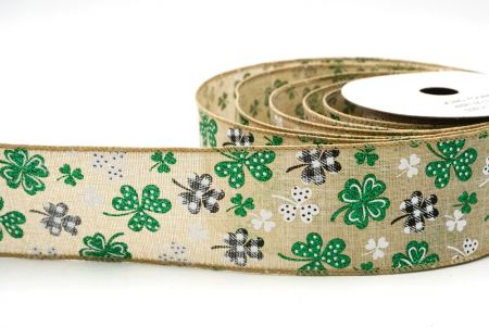 Light Brown Plaid Glittered Clover Leaves Wired Ribbon_KF8471GC-13-183