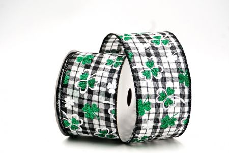 Plaid Black Plaid Glittered Clover Leaves Wired Ribbon_KF8472GC-53-53