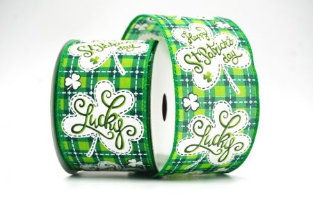 Green Checked Happy St. Patrick & Lucky Design Wired Ribbon_KF8473GC-15-49