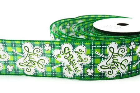 Green Checked Happy St. Patrick & Lucky Design Wired Ribbon_KF8473GC-15-49