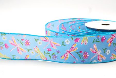 Light Blue Dragonfly & Flower Design Wired Ribbon_KF8480GC-12-213