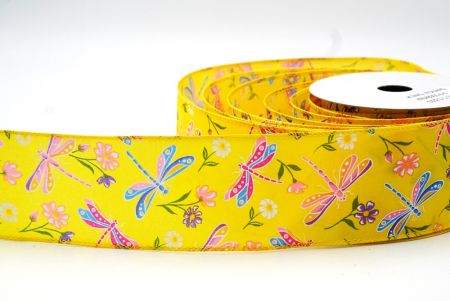 Yellow Dragonfly & Flower Design Wired Ribbon_KF8480GC-6-6