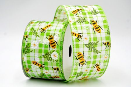 Lt Green_Plaid Flower and Bee Wired Ribbon_KF8487GC-15-190