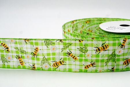 Lt Green_Plaid Flower and Bee Wired Ribbon_KF8487GC-15-190