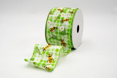 Lt Green_Plaid Flower and Bee Wired Ribbon_KF8487GC-15-190