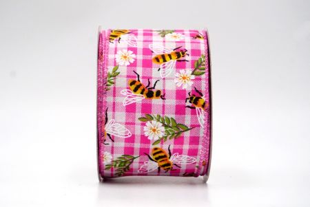 Ruban à fleurs à carreaux rose vif et abeilles_KF8487GC-40-218