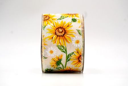 Cream White Sunflower Design Wired Ribbon_KF8488GC-2-2