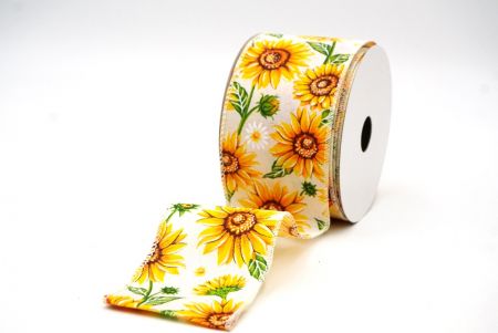 Cream White Sunflower Design Wired Ribbon_KF8488GC-2-2