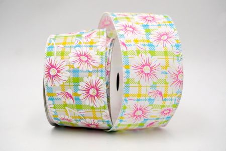 White_Plaid Daisy Flower Wired Ribbon_KF8489GC-1-1