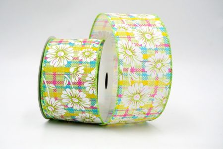 Green_Plaid Daisy Flower Wired Ribbon_KF8489GC-15-190