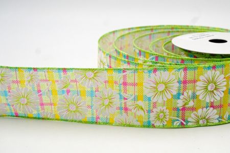 Green_Plaid Daisy Flower Wired Ribbon_KF8489GC-15-190