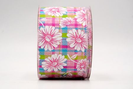 Pink_Plaid Daisy Flower Wired Ribbon_KF8489GC-5-5