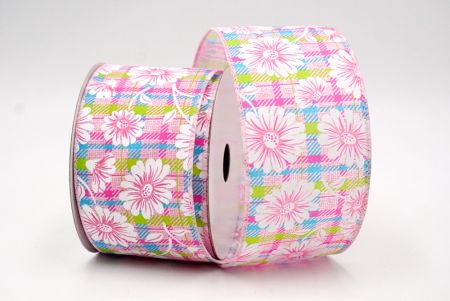 Pink_Plaid Daisy Flower Wired Ribbon_KF8489GC-5-5