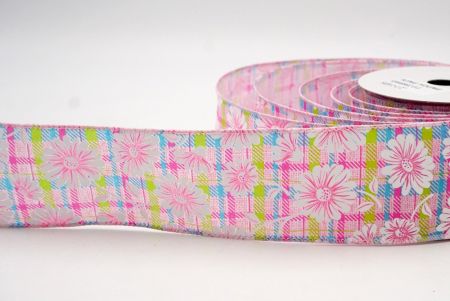 Pink_Plaid Daisy Flower Wired Ribbon_KF8489GC-5-5