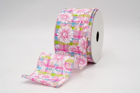 Pink_Plaid Daisy Flower Wired Ribbon_KF8489GC-5-5