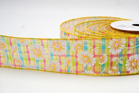 Yellow_Plaid Daisy Flower Wired Ribbon_KF8489GC-6-6